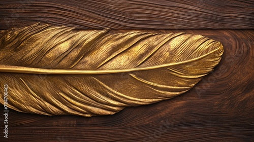 Lively feather design on wood with chamfered gold metal accents, Photography, detailed seamless texture,