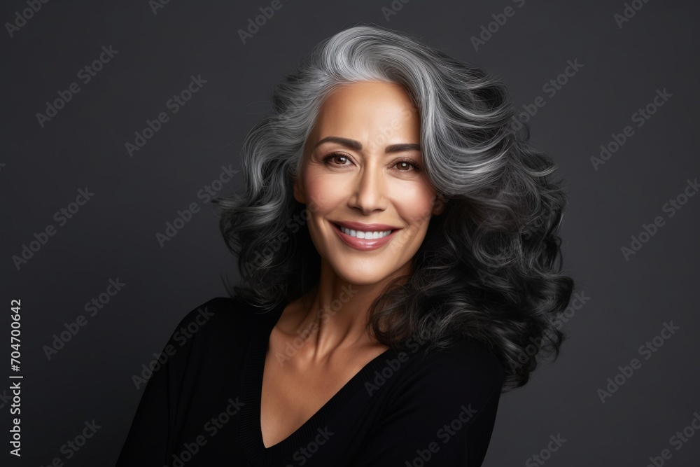 Portrait of a beautiful middle-aged woman with gray hair and professional makeup.