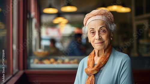 American senior female standing in front of bakery