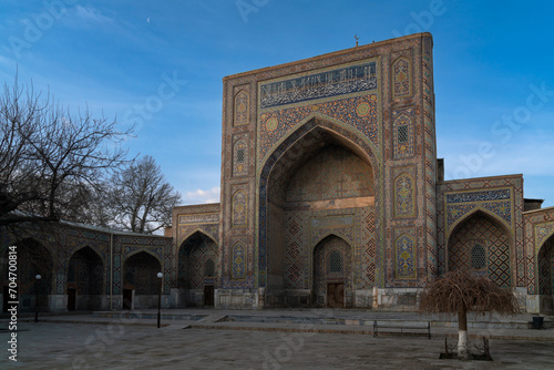 Nodir Divan-Begi Madrasah in the architectural ensemble of Khoja Akhrar in the early morning, Samarkand, Uzbekistan
