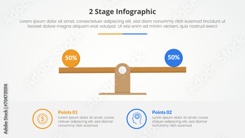 2 points stage template for comparison opposite infographic concept for slide presentation with wooden scale percentage with flat style photo