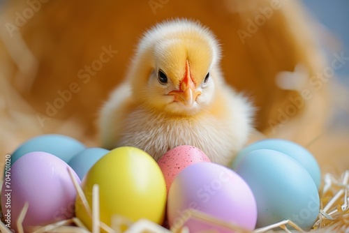 Spring chickens are hatching eggs in the nest,outside world is in a beautiful spring. Happy Easter