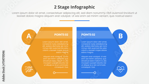 2 points stage template for comparison opposite infographic concept for slide presentation with creative hexagon slice with circle badge with flat style