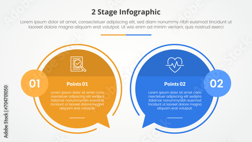2 points stage template for comparison opposite infographic concept for slide presentation with big circle outline callout comment box with flat style photo