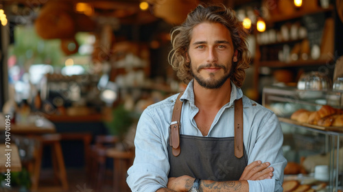 Portrait of a Caucasian cafe owner standing in front of the cafe