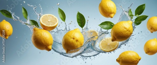 Citrus Splash  Juicy Lemons in Flight with Water Splashes on Light Background. Generative IA