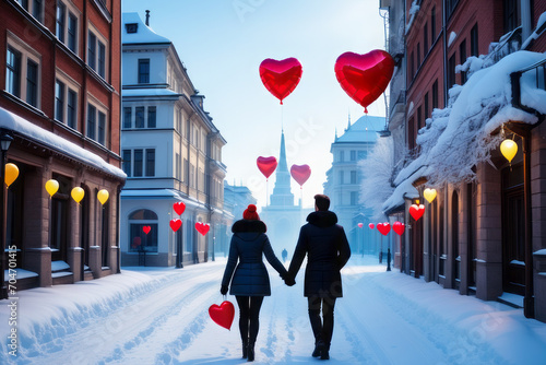A couple walks through a snow-covered city with a heart-shaped balloon, rear view. The concept of celebrating Valentine's Day. © Anna