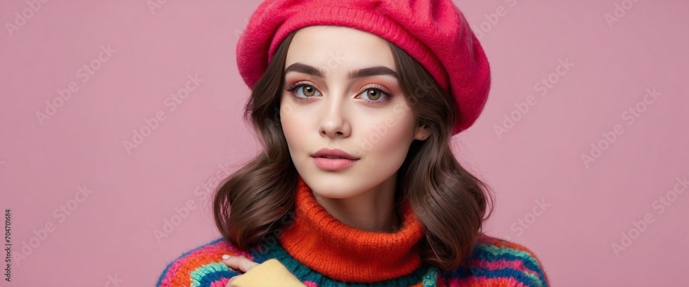Stylish Young Woman in Pastel-Toned Beret and Wool Hat, Generative IA Stylish Young Woman in Pastel-Toned Beret and Wool Hat, Generative IA