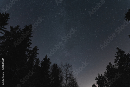 Night scene of Estonian nature, silhouette of winter trees against the background of the starry sky and milky way in night forest.