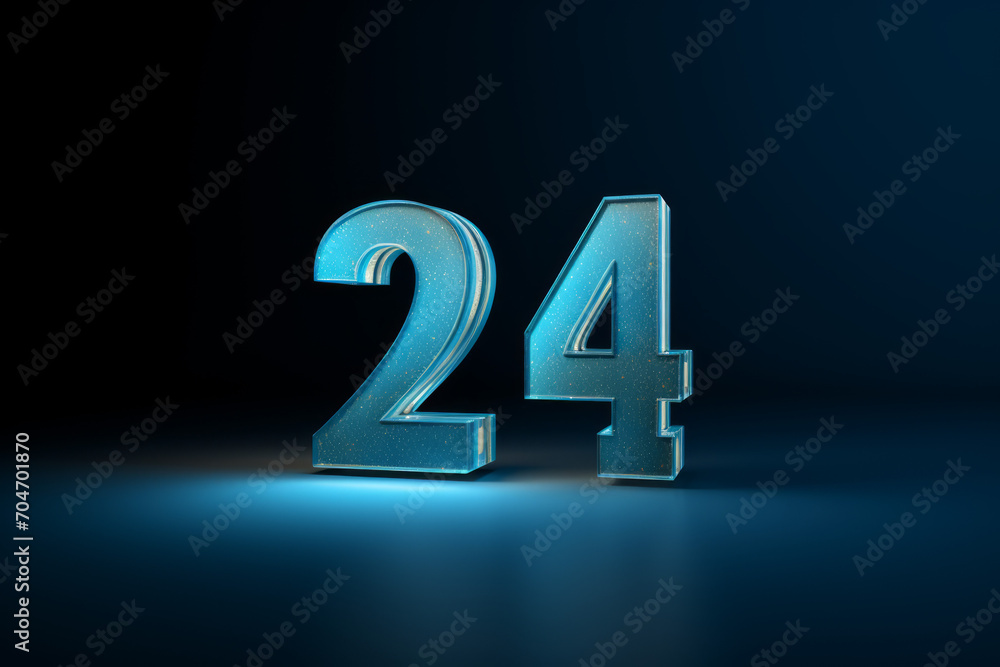 Blue illuminated 3D render of the year number 24 isolated on a solid black background Blue illuminated 3D render of the year number 24 isolated on a solid black background
