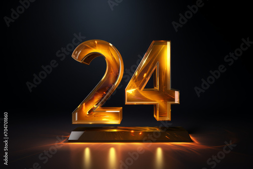 Golden 3D render of the year number 24 isolated on a solid dark blue background