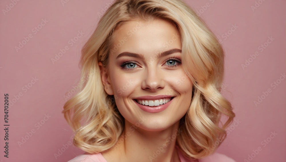 Portrait of young woman with blonde hair on a pink background. Generative AI Portrait of young woman with blonde hair on a pink background. Generative AI
