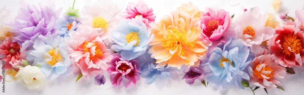 Beautiful summer floral banner. Pastel and soft flower bouquet, horizontal photo, wallpaper or card. Floral shop or flowers delivery concept