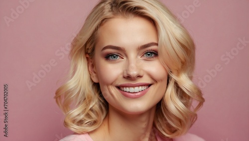 Portrait of young woman with blonde hair on a pink background. Generative AI