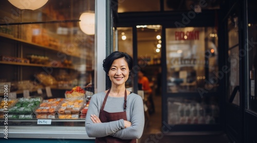 Asian middle age female standing in front of bakery