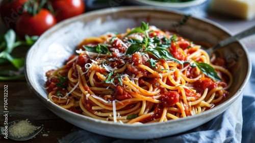  a bowl of spaghetti with tomato sauce and parmesan cheese on a wooden table next to tomatoes and parmesan cheese.
