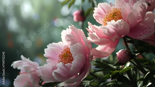  a close up of a bunch of pink flowers with green leaves in the foreground and a blurry background.