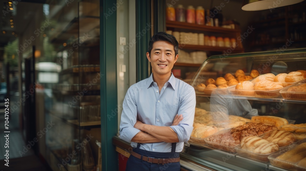 Asian middle age male standing in front of bakery