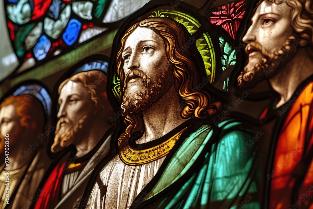 Close-up of a stained glass Jesus Christ with apostles, vibrant and detailed