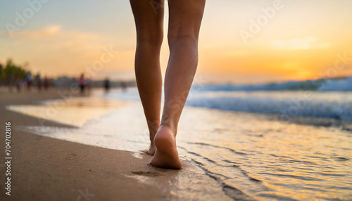 Closeup of woman's feet on sandy beach at sunset, evoking travel, relaxation, and summer vibes photo