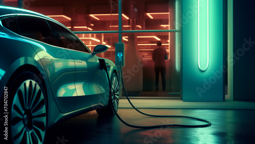 electric car charging at night. Generative AI