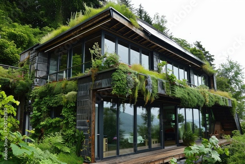 An eco-friendly home with solar panels, green roof, and sustainable design. © furyon