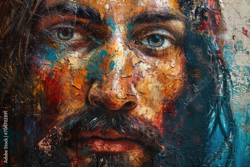 Close-up of Jesus Christ in a modern abstract painting, thought-provoking and spiritual.