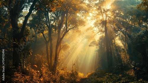  the sun shines through the trees in a forest filled with lush green grass and tall  leafy trees.