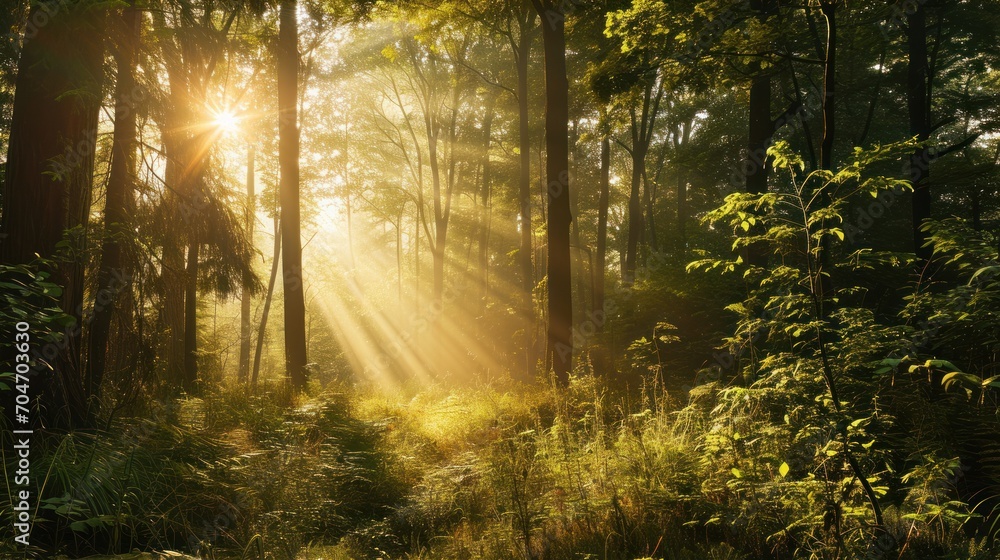 Obraz premium the sun shines through the trees in a forest filled with tall green grass and tall, leafy trees.