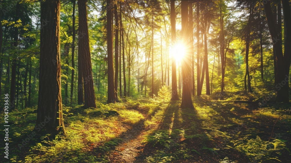 Obraz premium the sun shines through the trees in a forest with a dirt path in the foreground and grass in the foreground.