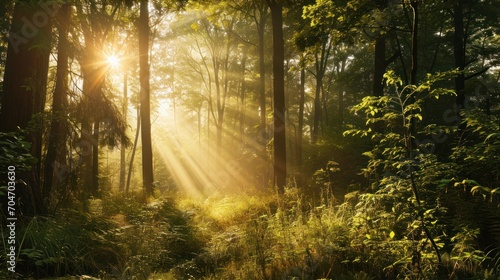  the sun shines through the trees in a forest filled with tall green grass and tall, leafy trees. © Anna