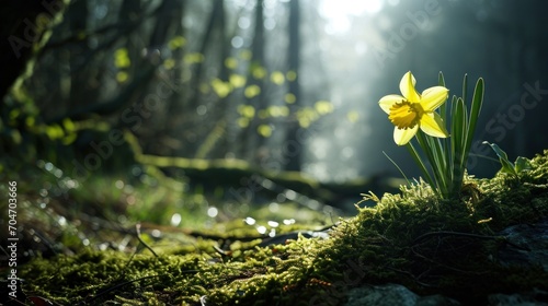  a single yellow flower sitting on top of a moss covered ground in the middle of a forest with sunlight streaming through the trees.