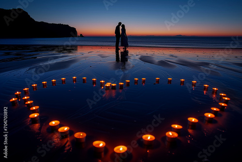 A heart made of tealight candles, laid out on a beach, with a couple by the sea by moonlight