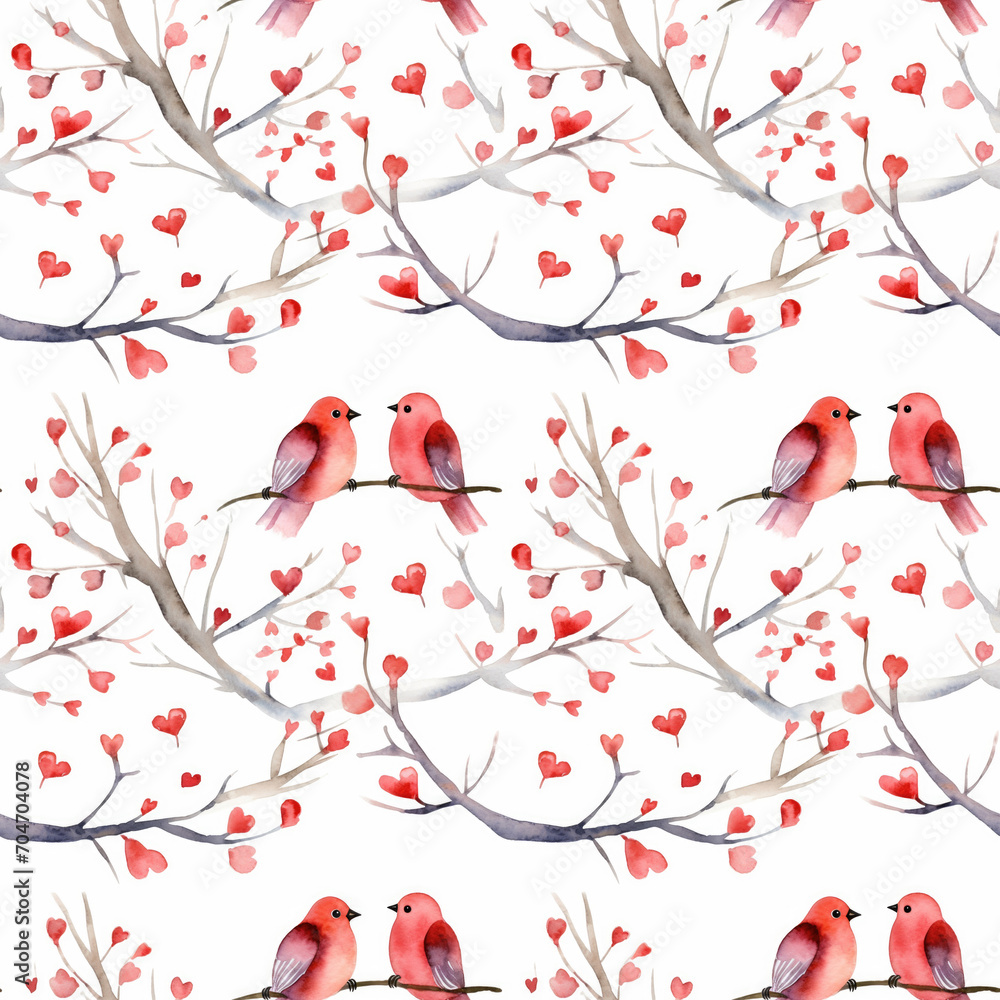 Watercolor red bird on the tree branch seamless pattern