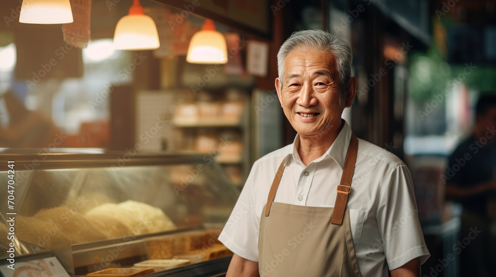 Asian senior male standing in front of bakery