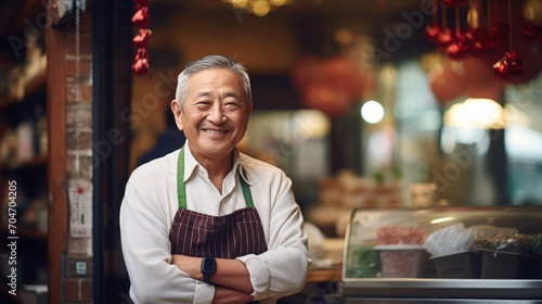 Asian senior male standing in front of bakery