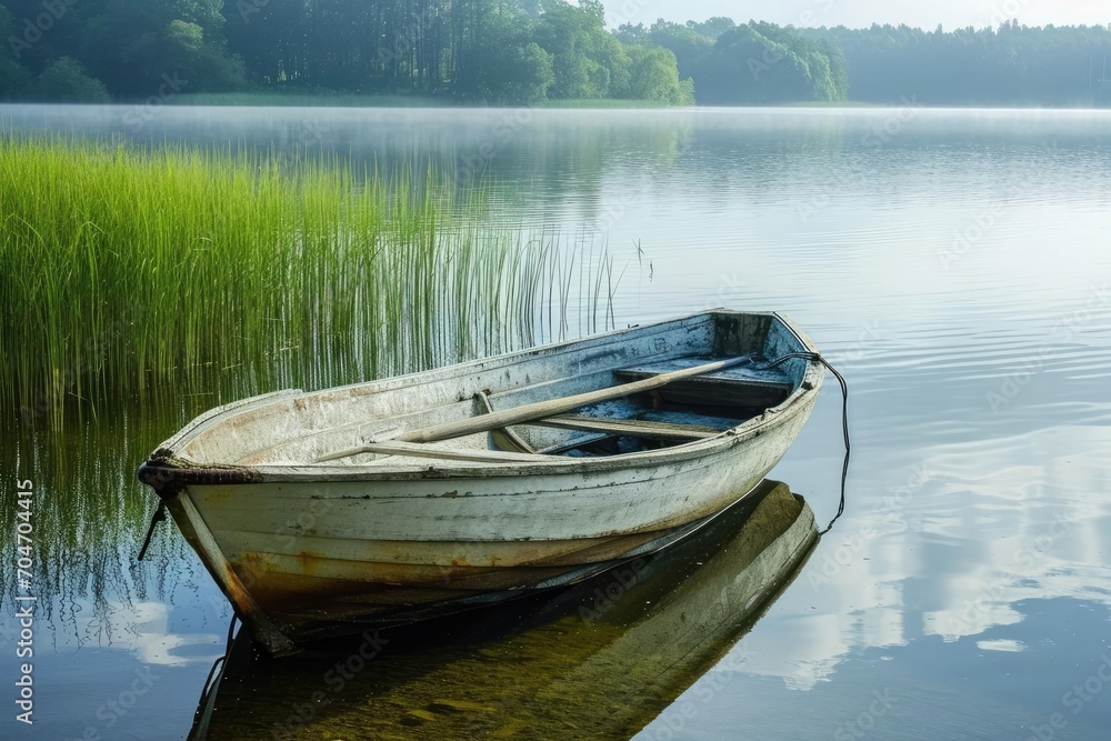 Obraz premium Old fishing boat moored on a peaceful lake Nostalgia