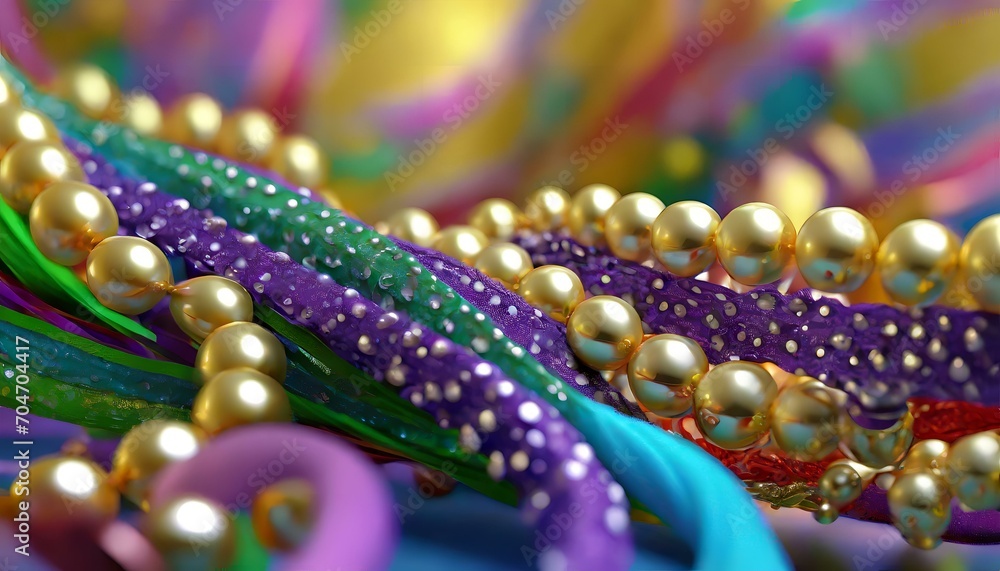 Fototapeta premium close up mardi gras background with beads and ribbon