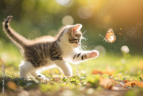 Playful kitten chasing a butterfly Innocence