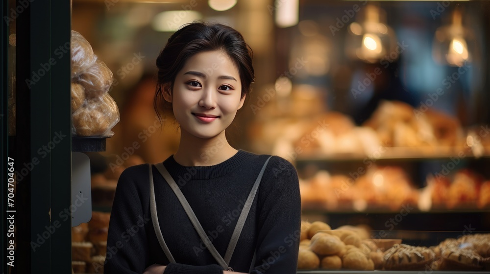Asian young female standing in front of bakery Asian young female standing in front of bakery