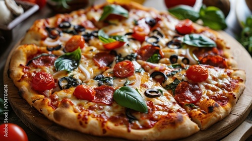  a pizza with tomatoes, olives, and spinach on a wooden platter next to tomatoes and basil.