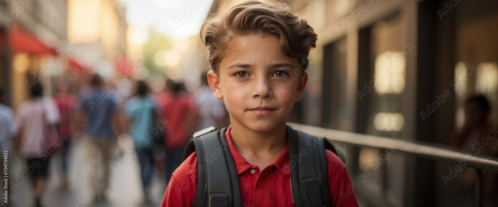 Portrait of boy with backpack on first day of school. Generative AI
