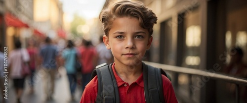 Portrait of boy with backpack on first day of school. Generative AI