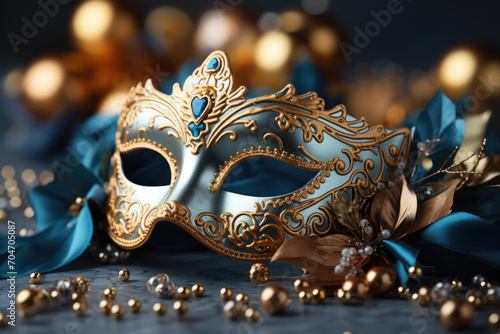 Blue and gold Venetian carnival mask with feathers, copy space © Lana_M