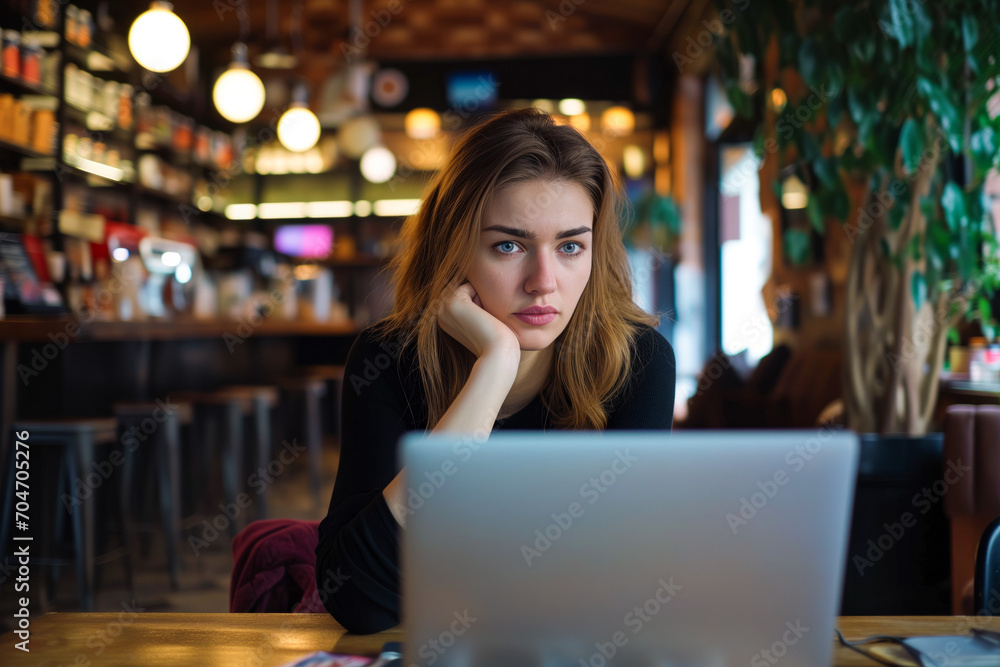 Businesswoman in a coffee shop, looking at her laptop with a mixture of fear and determination on her face as she considers a difficult decision