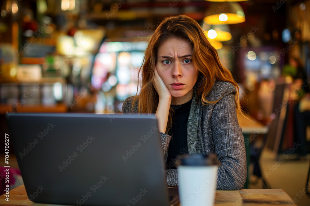 Businesswoman in a coffee shop, looking at her laptop with a mixture of fear and determination on her face as she considers a difficult decision