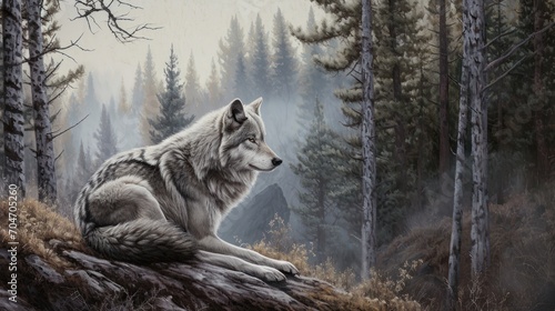  a painting of a wolf sitting on a rock in the middle of a forest with a mountain in the background. © Anna