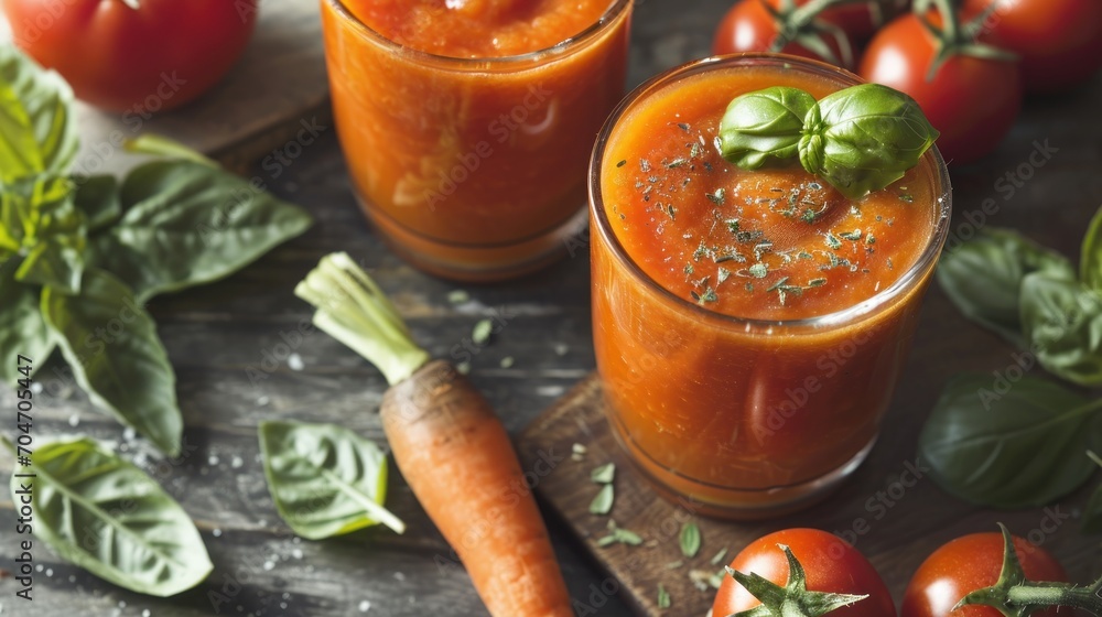 two glasses of tomato soup on a cutting board next to a bunch of tomatoes and a carrot on the table. two glasses of tomato soup on a cutting board next to a bunch of tomatoes and a carrot on the table.