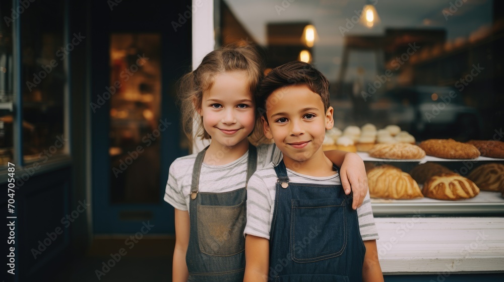 Two happy kids standing in front of bakery Two happy kids standing in front of bakery