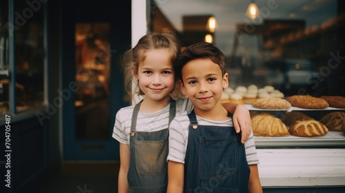 Two happy kids standing in front of bakery